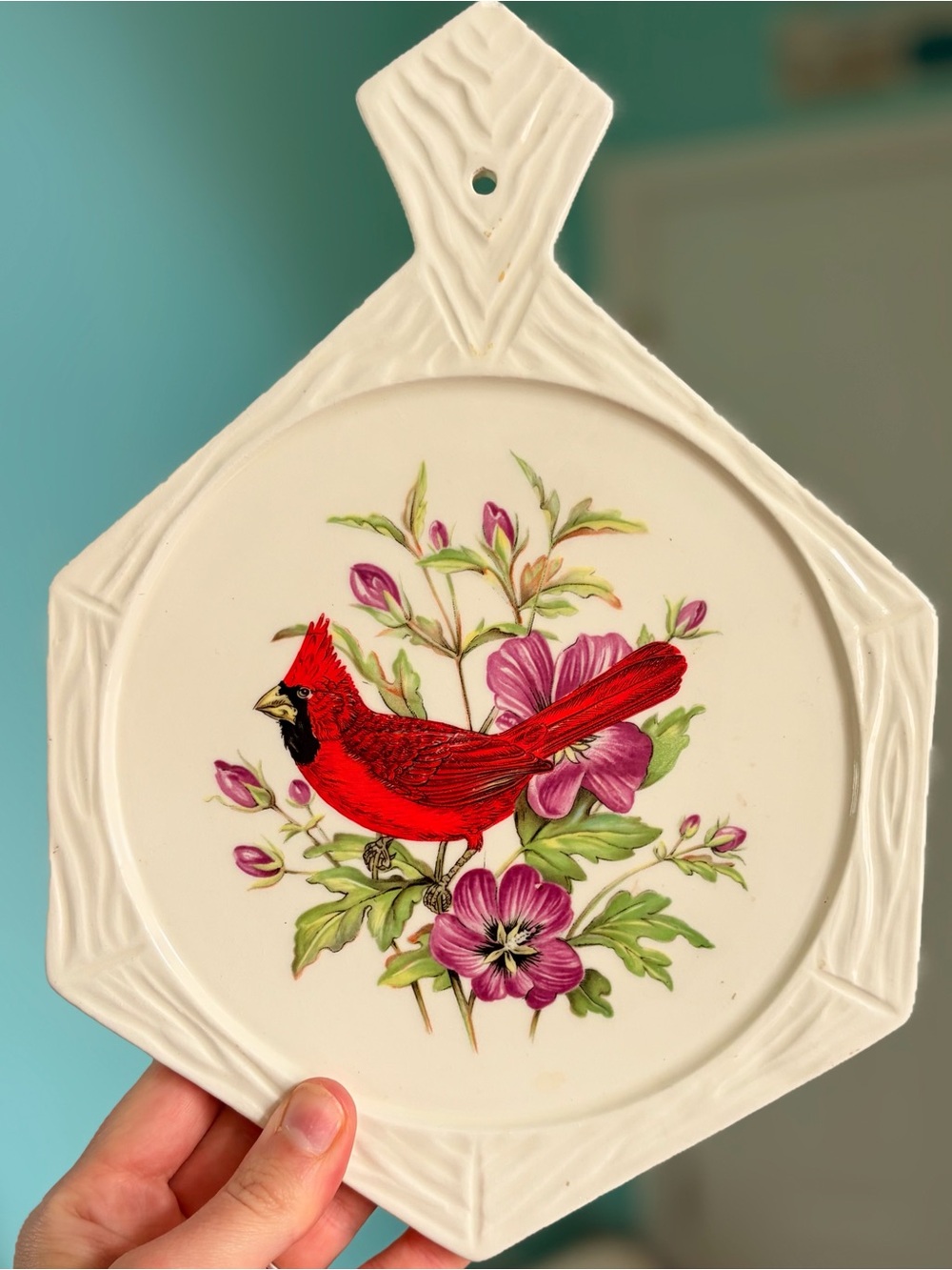 Vintage Floral Decorative Cardinal Ceramic Trivet Hanging Accent - Red